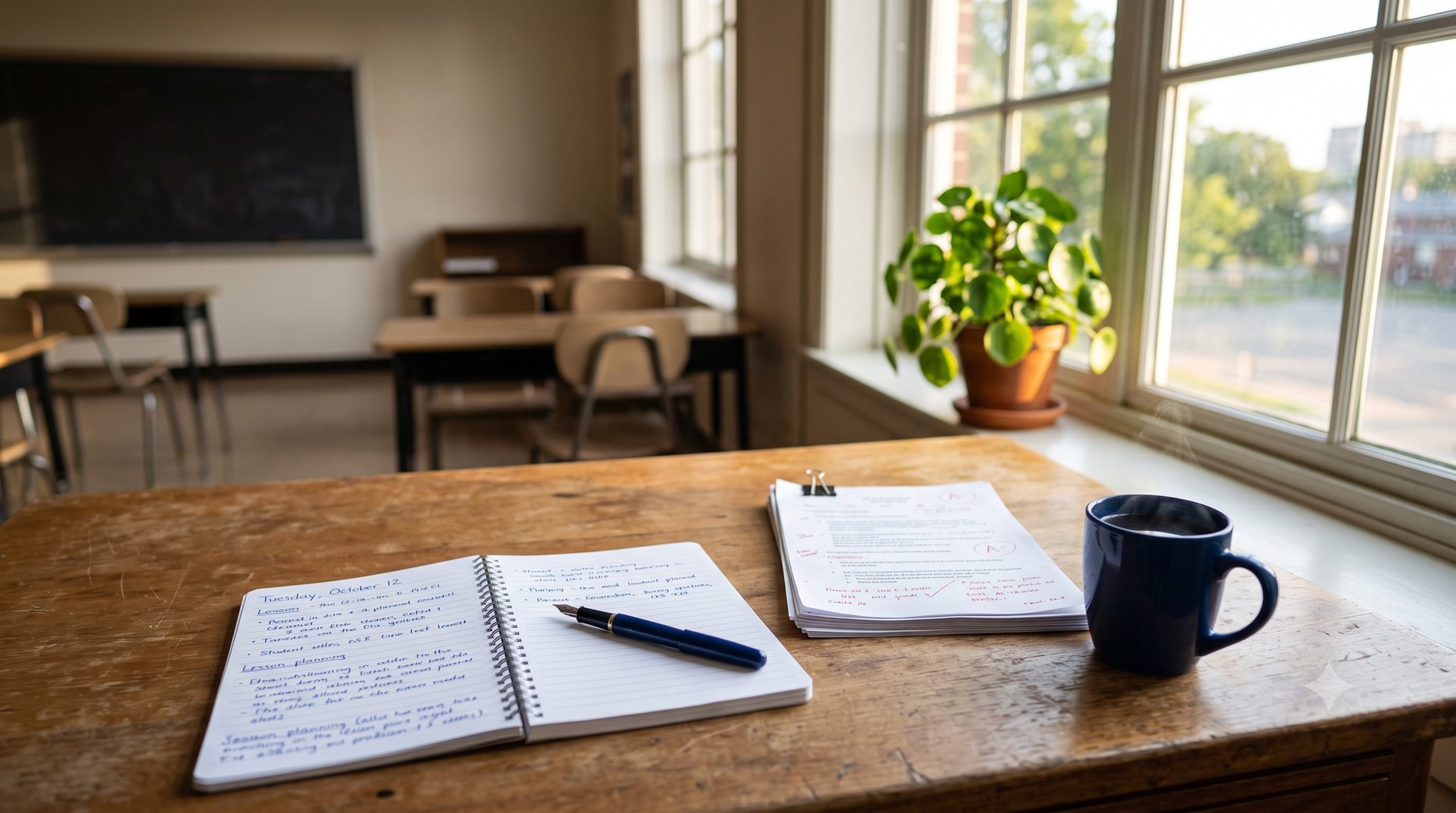 A teacher's desk with a laptop open to The Pen Weekly, morning light