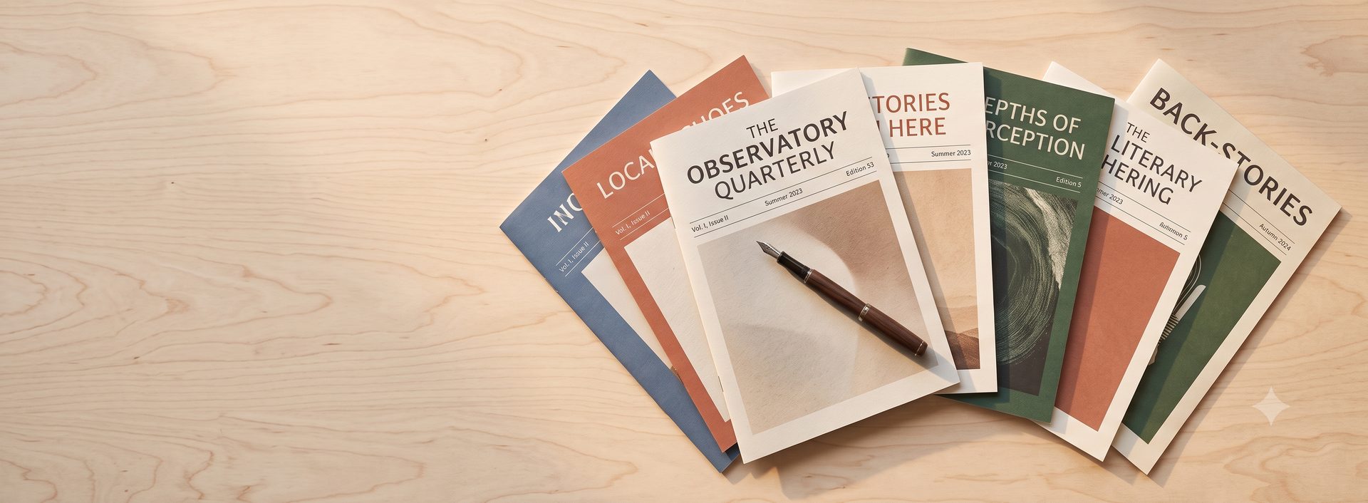 A fanned stack of past newsletter issues laid out on a wooden desk