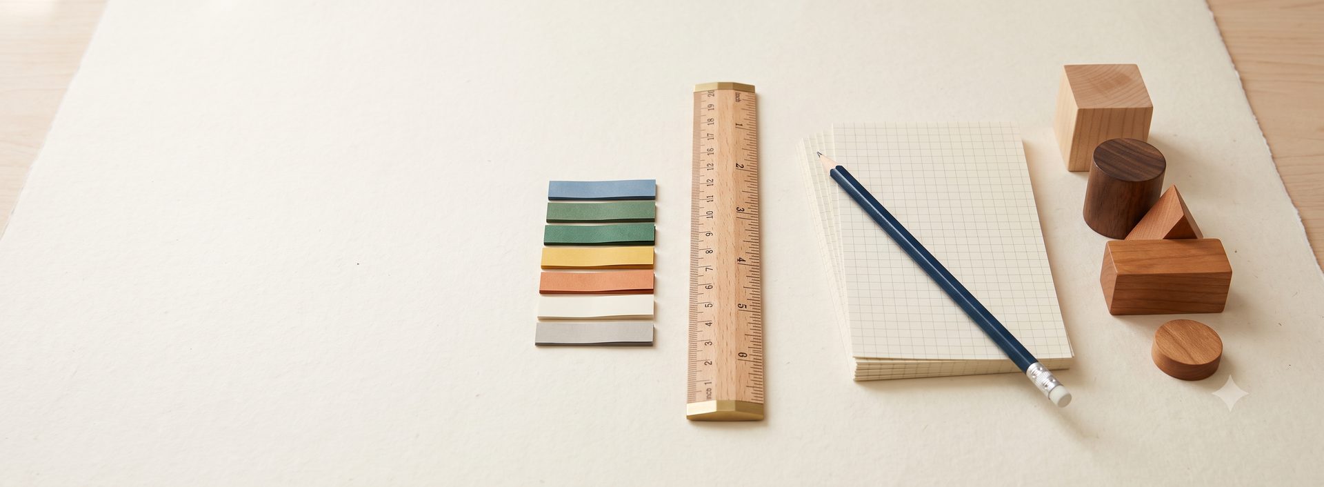 Wooden blocks, a ruler, colored tabs, and a pencil laid out on a desk