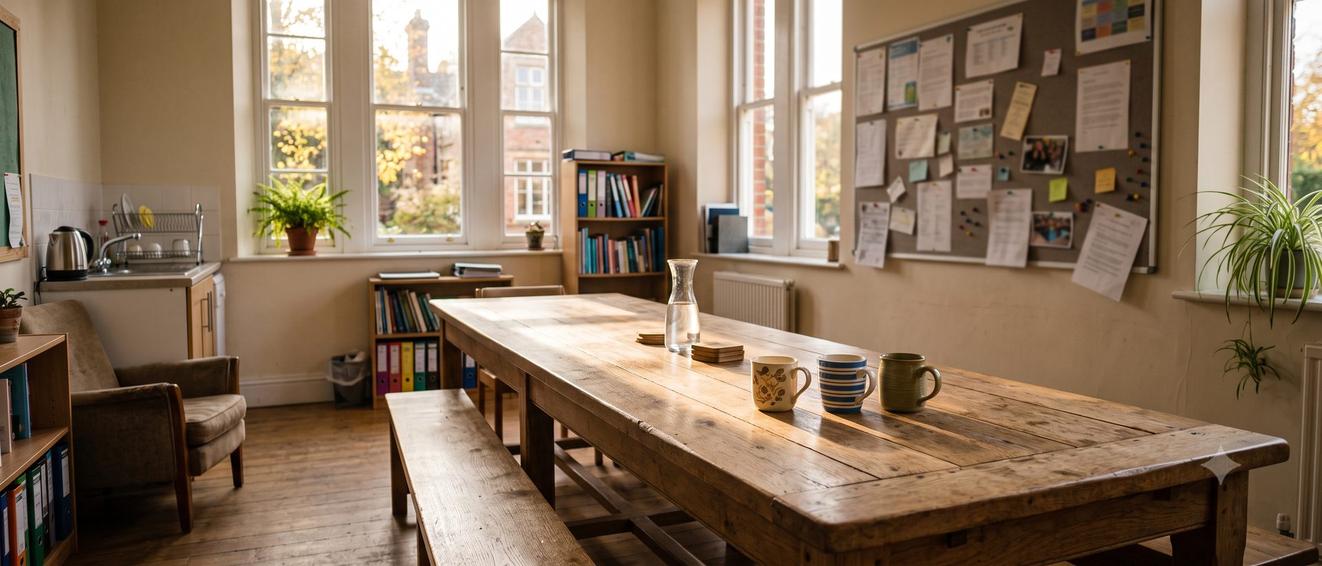 A sunlit staff room table with mugs, books, and a noticeboard, where teachers gather between classes